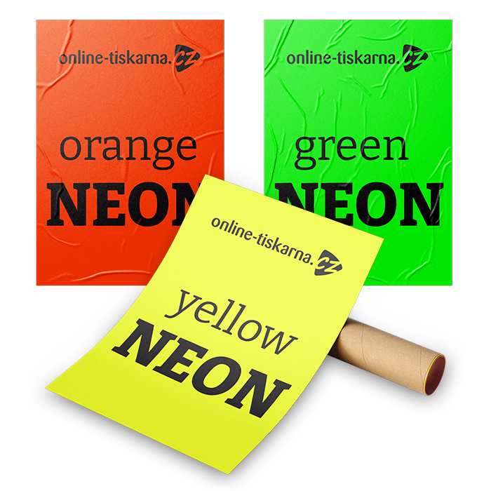Fluorescenční plakáty - Formát plakátu: A3 (420×297 mm), Typ papíru: nenatíraný ofsetový 90g, Barva: neon-orange, Počet kusů jednoho vzoru: 300 ks